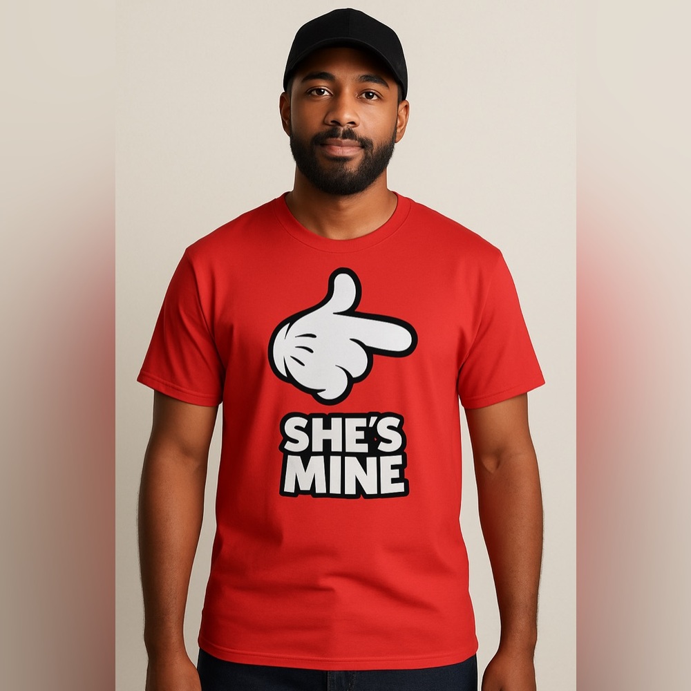 “She’s Mine” Red Graphic Couple T-Shirt – Cartoon Hand Matching Tee S-3X